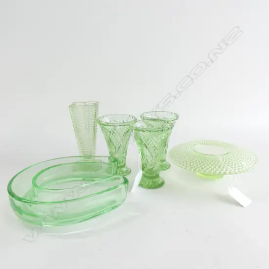 6 ASST GREEN URANIUM GLASS VASES; TRIO (H110MM) + ART DECO VASE / HORSESHOE & HAT
