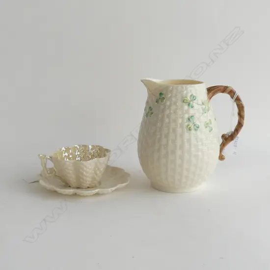 BELLEEK POTTERY; DIMPLE CUP & SAUCER (2ND BLACK MARK) & SHAMROCK JUG (H 165MM) (3RD BLACK MARK)