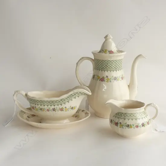 MASONS IRONSTONE COFFEE POT, GRAVY BOAT & JUG, MARIGOLD PATTERN