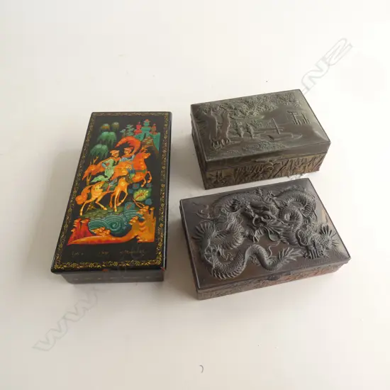 2 JAPANESE METAL BOXES + RUSSIAN LACQUERED BOX 165x80mm