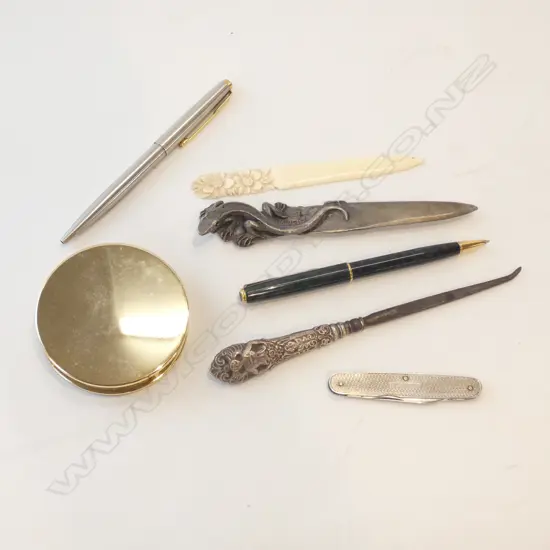 2 PARKER PENS + POCKET KNIFE,2x LETTER OPENERS (1 IVORY), STG BOOT HOOK + MAGNIFYING GLASS