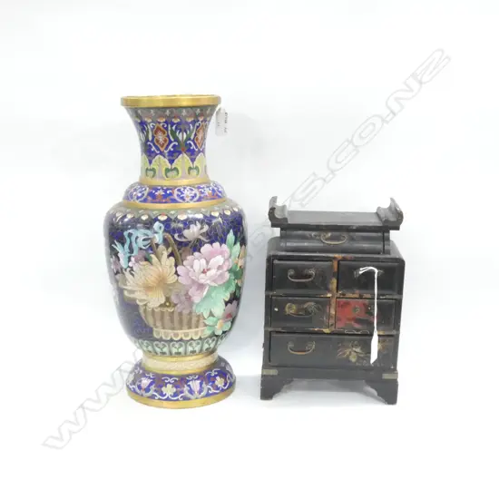 LARGE CLISONNE VASE & LACQUER CHEST
