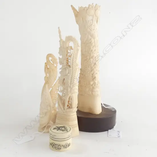 3 INDONESIAN CARVED BONE PIECES + PILL BOX & IVORY HEAD H.90mm