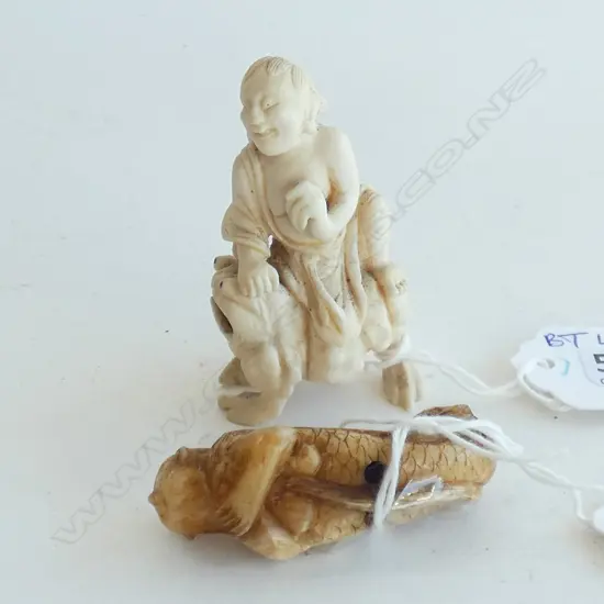 2 CARVED COROZA NUT PIECES; SAGE RIDING 3 LEGGED TOAD; GAMA SENNIN H.55mm & MERMAID L.50mm 