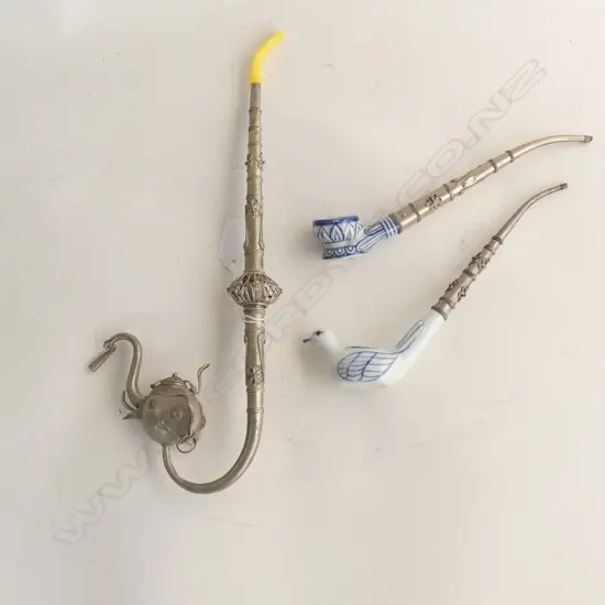 3 PIPES INCLUDING ELEPHANT, AND 2 WITH BLUE AND WHITE CHINA BOWLS