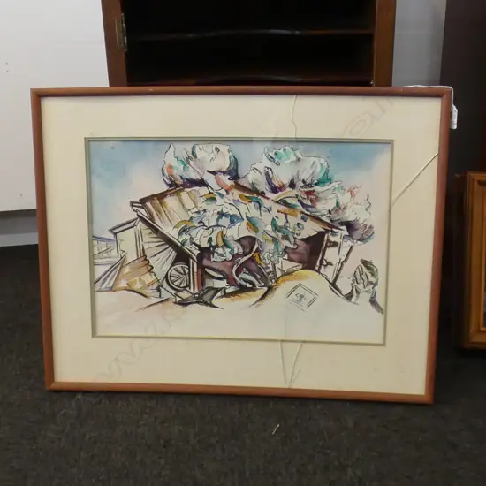 OLD BARN SIGNED LEWIS WATERCOLOUR  (A/F GLASS CRACKED)