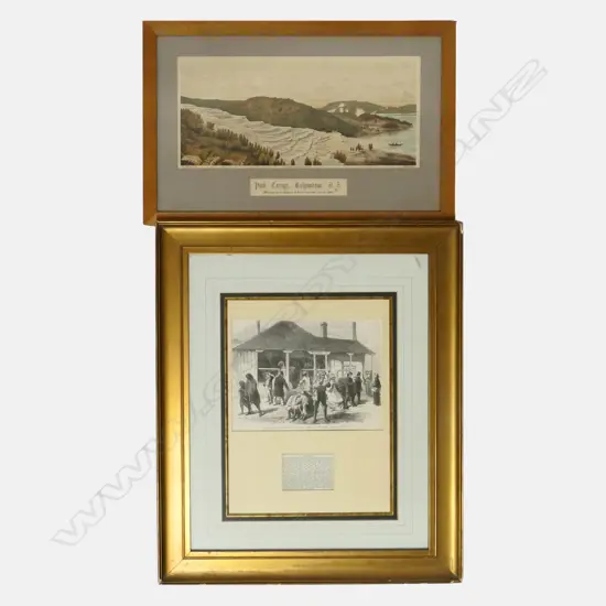 TWO FRAMED NZ COLONIAL LITHOGRAPHS, 'PINK TERRACES' & 'P.O. OF AUCKLAND', 370 X 170MM & 340 X 260MM