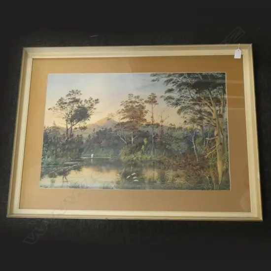 ALFRED SHARPE PRINT. TWILIGHT ON THE SWAMPS OF THE AWAROA, IN FLOOD 1887. OVERALL 660 x 890mm FRAMED
