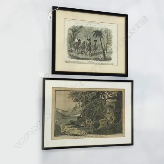 LITHOGRAPH 'A FAMILY IN DUSK BAY, NZ' 200x330mm + 'A MAORI EXODUS' ILLUSTRATED LONDON NEWS 1862