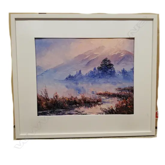 RICHARD PONDER OIL ON CANVAS, 'FROSTY MORNING LANDSCAPE, LAKE TE ANAU', 1995. 390 x 490mm