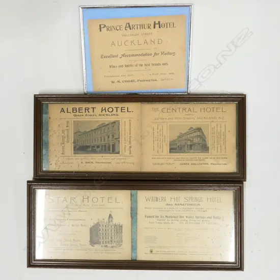 THREE FRAMED NZ COLONIAL HOTEL ADVERTISEMENTS