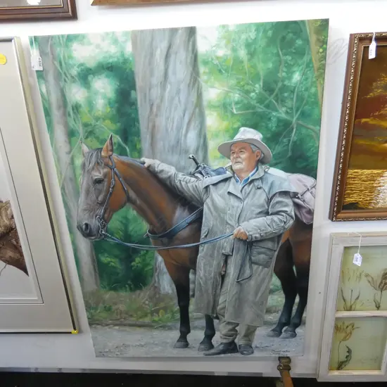 LARGE OIL ON CANVAS; HORSE & MAN SIGNED & DATED 'TREETOPS' SAM 2008 1000x710mm