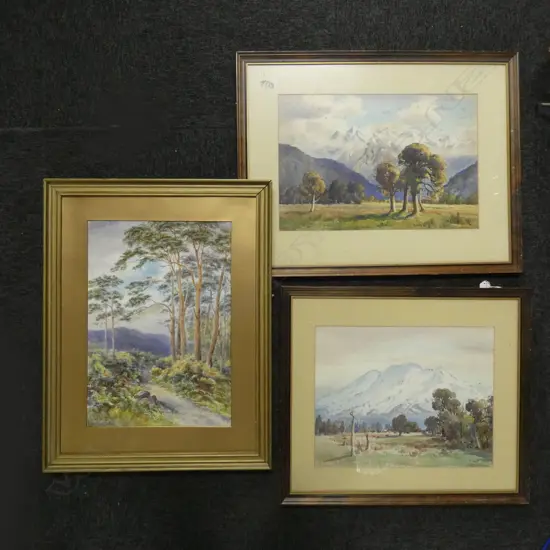 2 WATERCOLOURS ON BOARD MOUNTAIN SCENES BY C T LAUGESEN '35  440 X 345MM + ONE OTHER