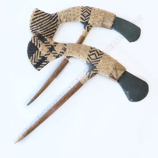 2 PNG HAFTED STONE AXES, WITH GRASSWORK BINDINGS, W.550 & 600mm