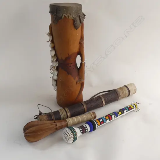 PNG KUNDU DRUM, TROBRIAND CLUB, AFRICAN BEADED MACE, & QUIVER & ARROWS