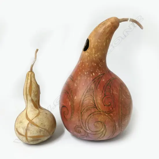 TWO CARVED MAORI GOURDS, TALLEST: 370MM