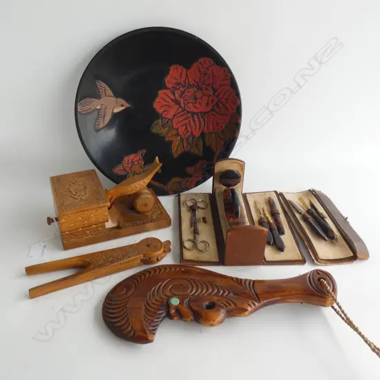 LACQUER PLATE 300mm dia, VANITY SET, CARVED WOODEN PATU, CIGARETTE DISPENSER, NUTCRACKER