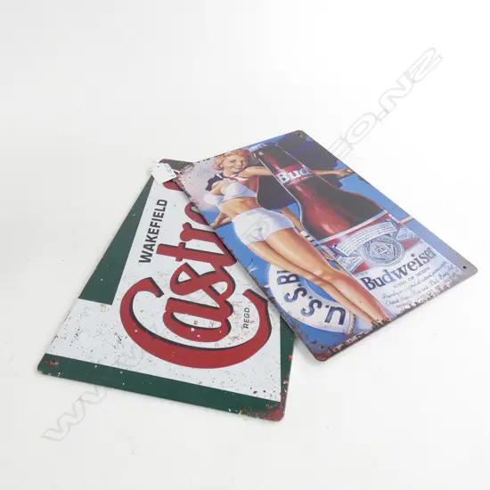 2 REPRODUCTION TIN SIGNS BUDWEISER & CASTROL 200 X 300mm