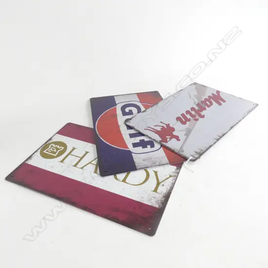 3 REPRODUCTION TIN SIGNS MARLIN, GULF & HARDY 200 X 300mm