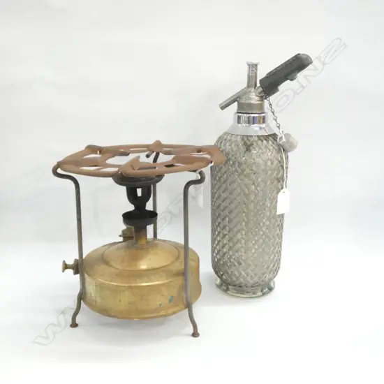 OLD COMPANION CAMPING STOVE & MESH COVERED SODA SYPHON 