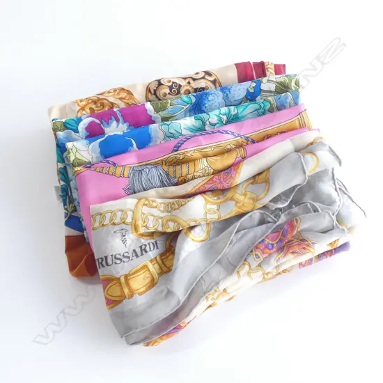 7 VINTAGE SILK SCARVES: NINA RICCI/TRUSSARDI/LA FLORE DE PARIS, ETC
