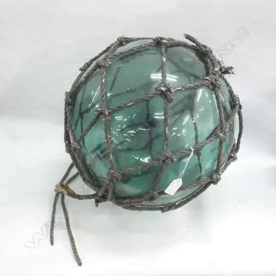 OLD HAND BLOWN GREEN GLASS FISHING FLOAT w. NETTING Dia.360mm
