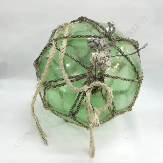 OLD GREEN GLASS FISHING FLOAT w. NETTING Dia.370mm
