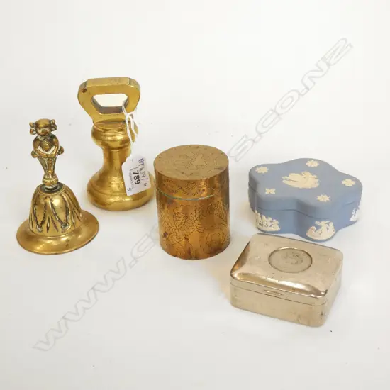 3 BRASS PCES; BELL, 2lb WEIGHT, CONTAINER + WEDGWOOD & METAL CONTAINER
