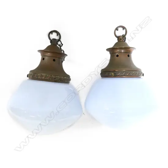 PR VINTAGE BRASS & FROSTED GLASS HANGING LIGHT SHADES, 260 X 360MM