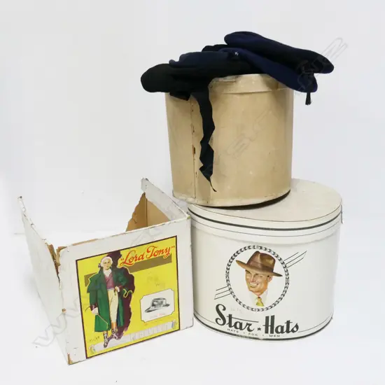 3 VINTAGE HAT BOXES; INCL: 'STAR HATS', 'LORD TOY' BOX (DAMAGED) PLUS 5 WOOLEN NZ SAILOR HATS
