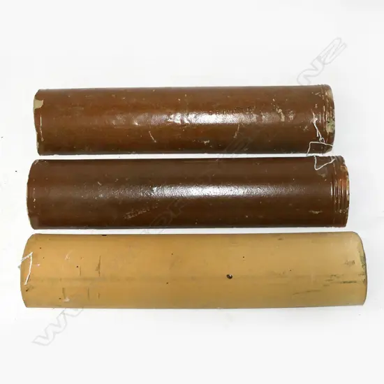 THREE NZ COLONIAL HALF PIPES, 2 'RC CLARK LTD' GLAZED, 1 UNGLAZED , LONGEST. 620MM