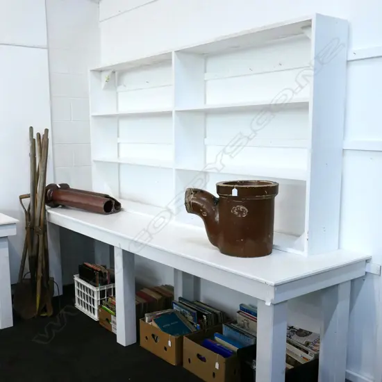 QUALITY WHITE PAINTED WOODEN DISPLAY TABLE & SHELVES, 2740 X 715 X 800MM