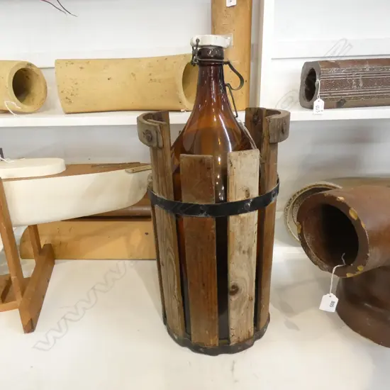 LG OLD AMBER GLASS BOTTLE IN WOODEN CASE H.540MM