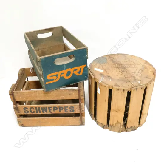 3 VINTAGE NZ WOODEN CRATES, LARGEST: 440 X 300MM