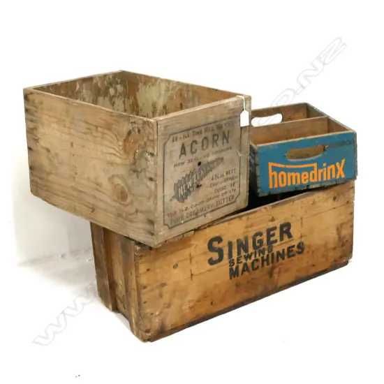 2 VINTAGE WOODEN CRATES, HOMEDRINX, SINGER, ACORN, LARGEST: 680 X 250MM