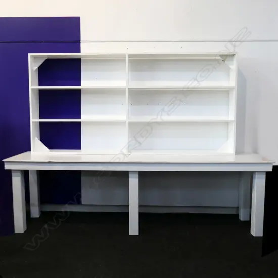 QUALITY WHITE PAINTED WOODEN DISPLAY TABLE & SHELVING, 2740 X 715 X 800MM