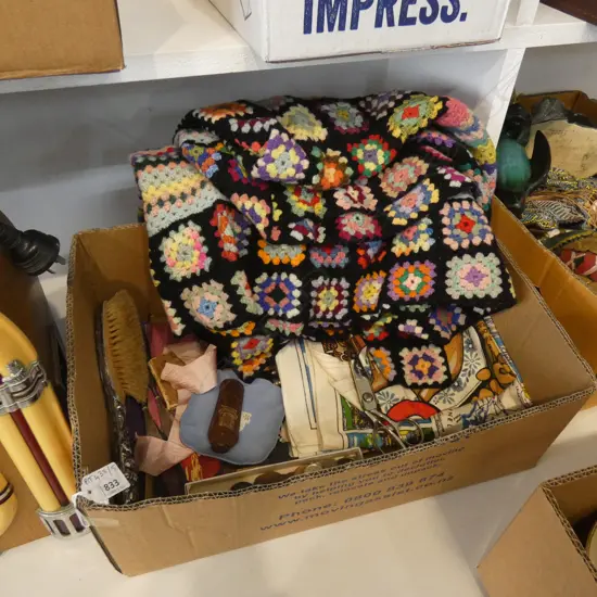 BOX LOT KNITTED BLANKET, STG BRUSH + STG BOOT LACER & SHOE HORN, COINS ETC 