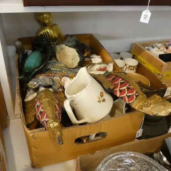 BOX LOT ASST; THAI ITEMS, KIWI VASE, JUGS ETC