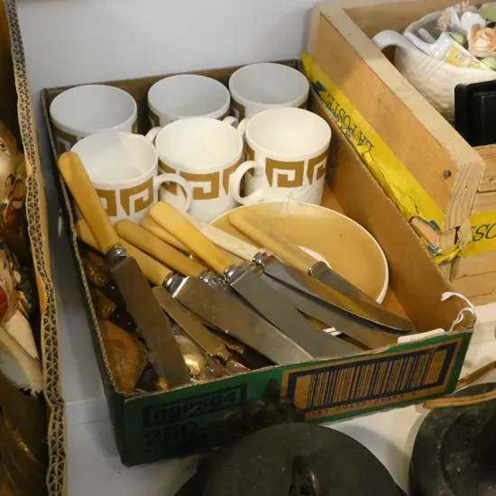 BOX LOT ASST. CUTLERY, SUSIE COOPER ETC