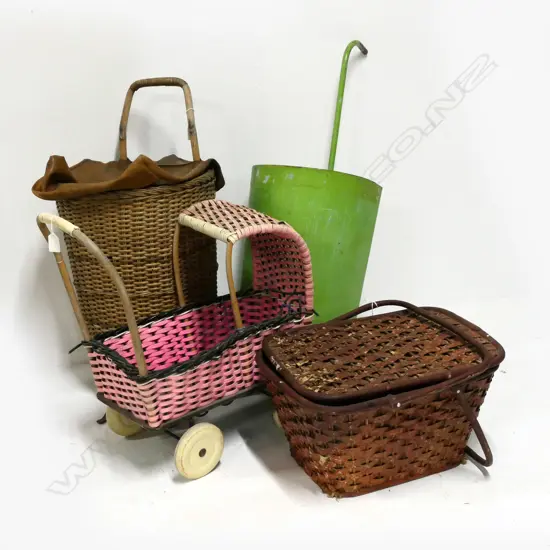 2 VINTAGE SHOPPING TRUNDLERS, CANE DOLL'S PRAM & WICKER BASKET