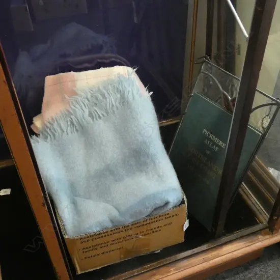 BOX LOT WOOLEN & MOHAIR BLANKETS + ATLAS + LEAD LIGHT