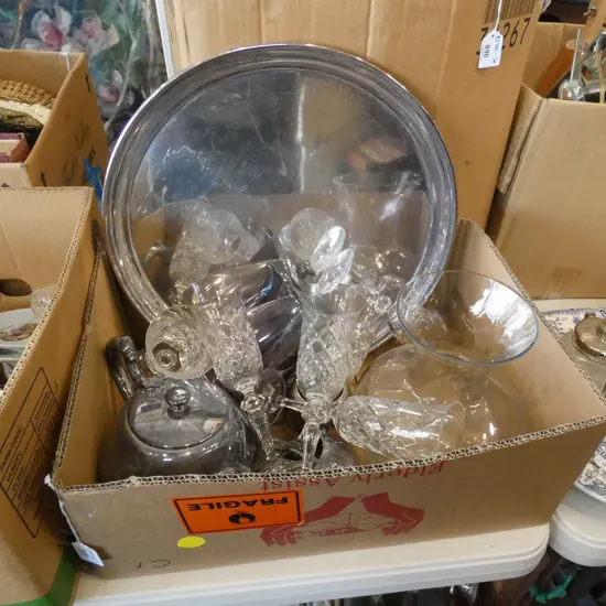 BOX LOT EP TEA SET, 6 CRYSTAL FLUTES, EP TRAY, VASE