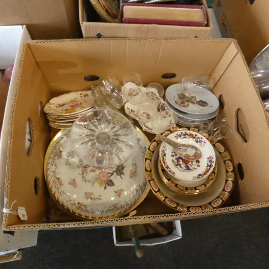 BOX ASST CHINA  & GLASS ETC. INCL BROWNIE DOWNING PLATES ETC.