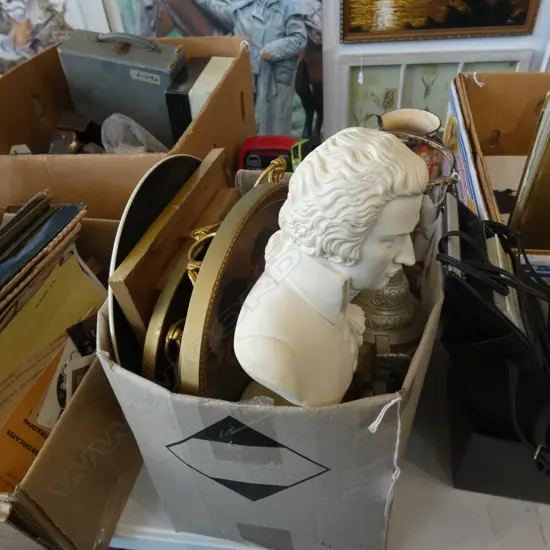 BOX LOT MOZART BUST, STEIN, ARTWORKS ETC