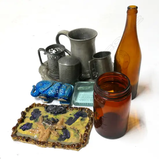 BOX ASST PEWTER, VINTAGE GLASS & CERAMICS