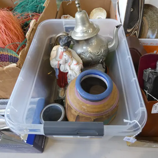 BOX LOT STUDIO POTTERY, EP TEAPOT, FIGURINE, GREEN STONE ETC