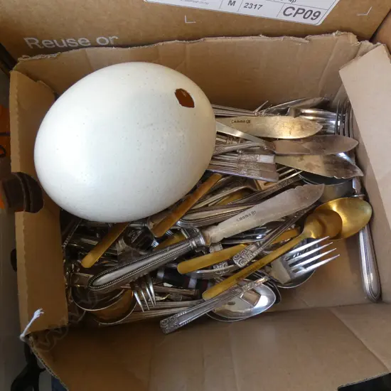 BOX LOT ASST. EP CUTLERY + OSTRICH EGG