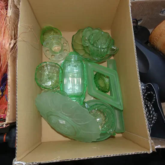 BOX VINTAGE GREEN GLASS; BOWLS/ DISHES / VASES ETC...SOME POSS URANIUM GLASS