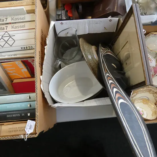 BOX LOT PNG MASK, JUG, WHITE CHINA, W/C ETC