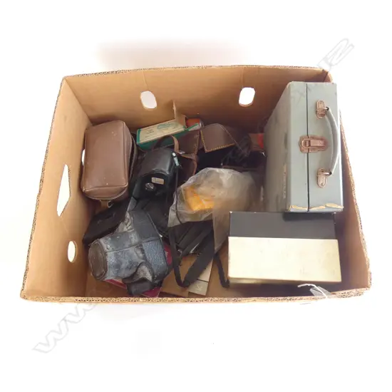 BOX CAMERAS & ACCESSORIES. PENTAX 35mm. SLIDE PROJECTOR ETC